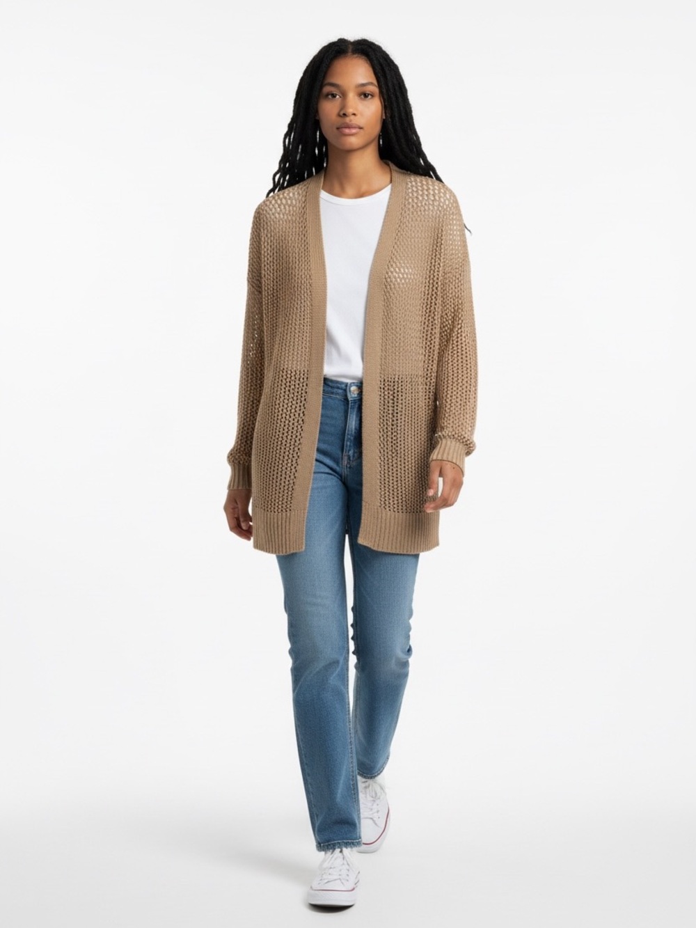 dip Open-Weave Long Cardigan Sweater - Beige/Tan